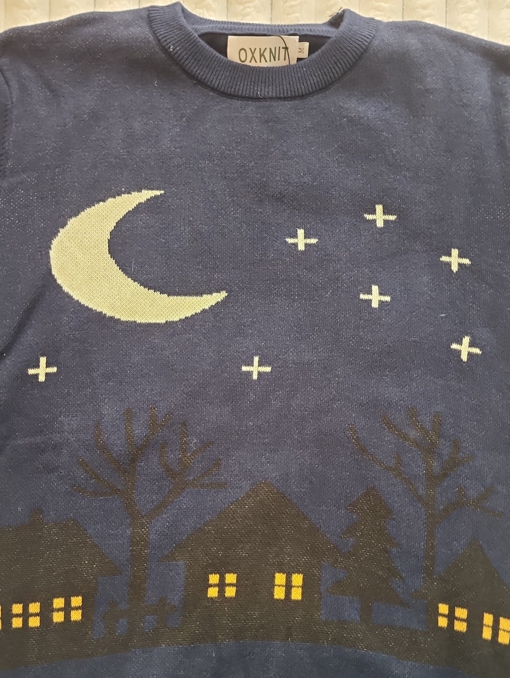 OXKNIT Navy Nightscape Sweater with Moon and Village - Picture 2 of 5